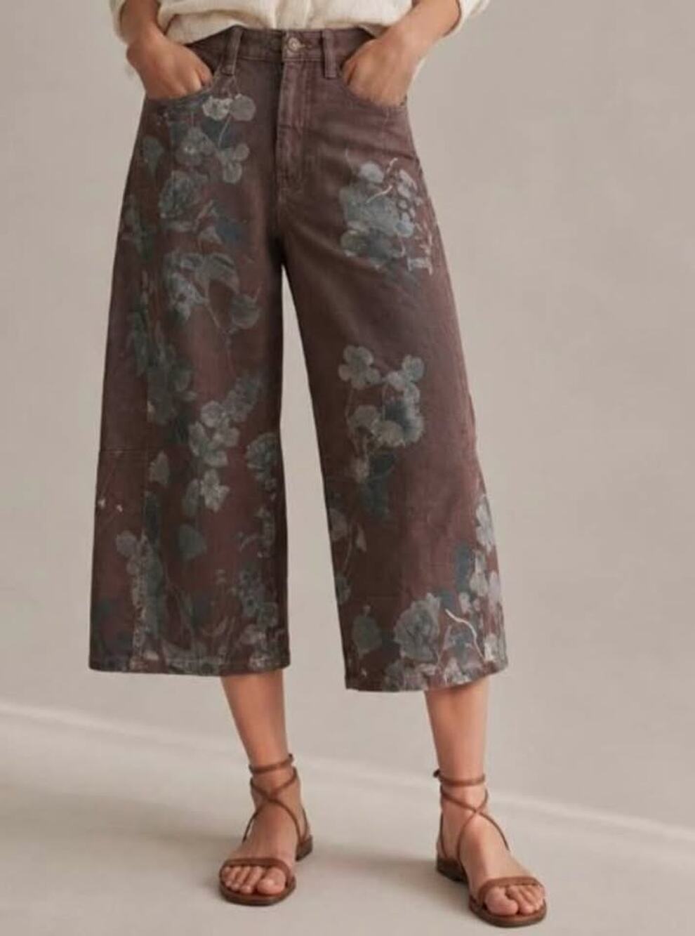 Pilcro Floral Print Wide-Leg Cropped Barrel Denim Pants 25P
